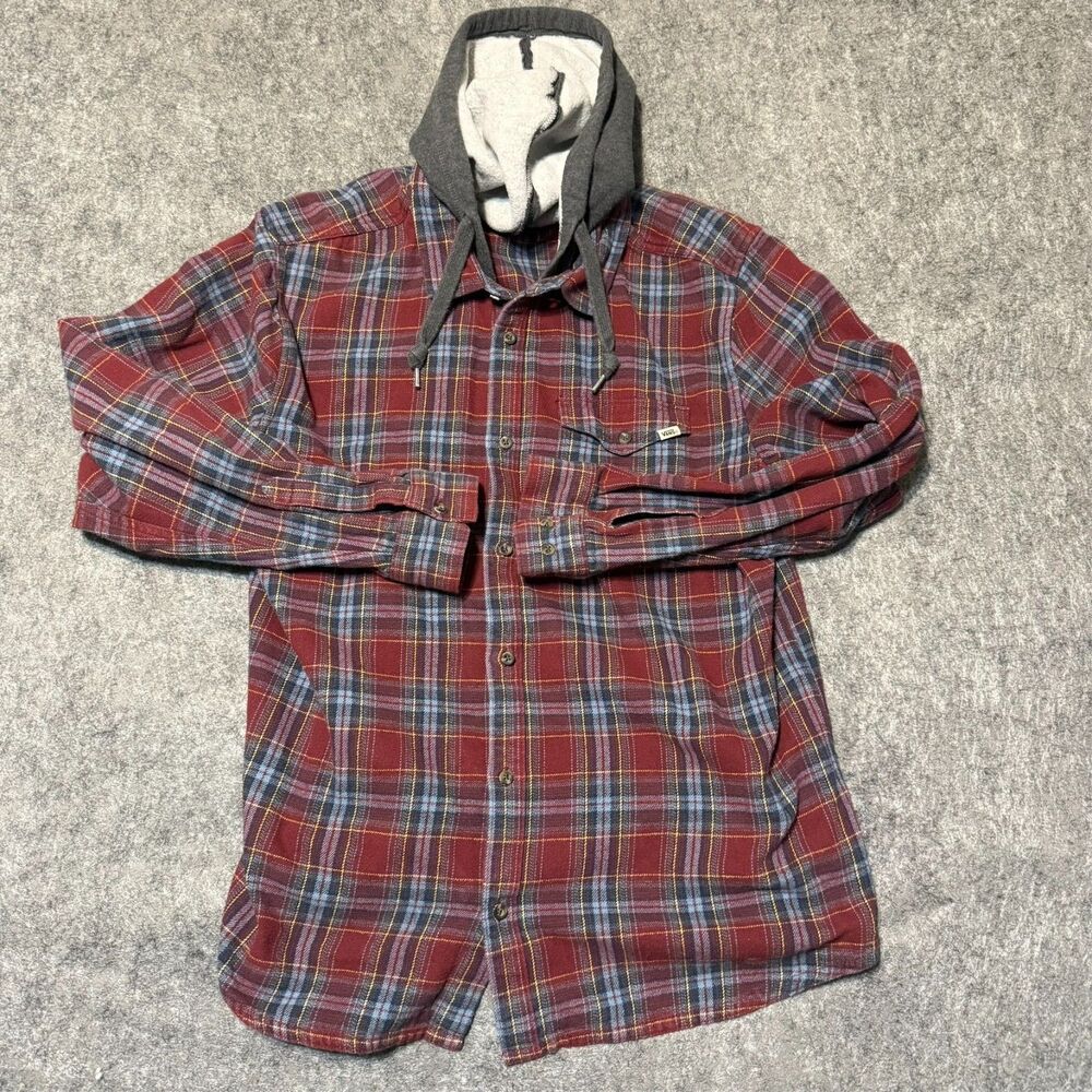 Vintage 00S Vans Mens Hooded Flannel Shirt Size XL Red Plaid Button Down